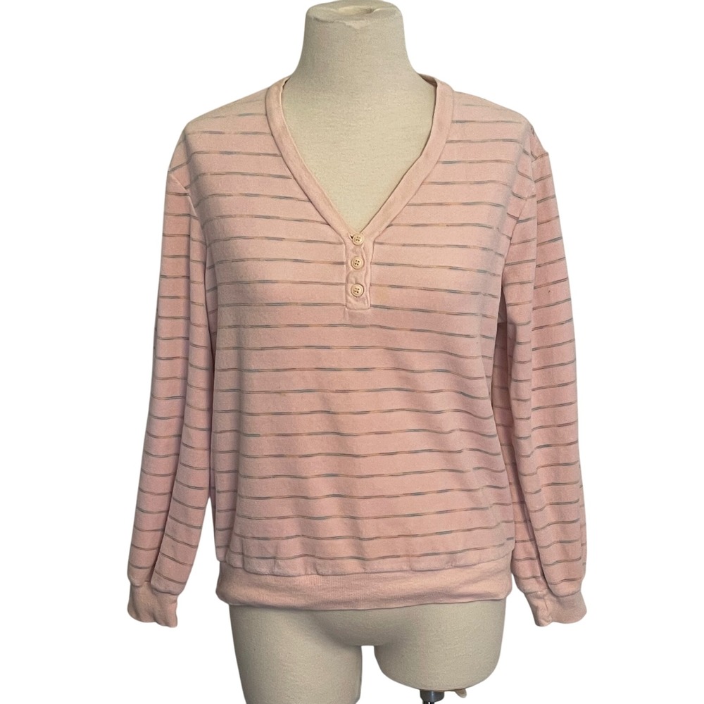 Vintage 80s Levi Strauss Pink Striped Henley‎ Velour Sweatshirt Pullover Women's